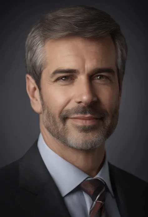 Realistic portrait of a middle-aged business person, Weighs 100 lbs, Professionally dressed with a suit and tie, hightquality, Top resolution, looking straight to the camera, Standing position, Professional, Beautiful eyes with a slight brown tint, Beautif...