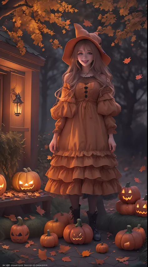 Halloween,(A girl in a pumpkin-shaped costume),Trick or treat without sugar,Autumn leaves,Spooky atmosphere,Jacks lantern lit,Decorate the house,Moonlit Night,Happy faces,Buckets full of sweets,Smiling pumpkin,festive decorations,Flashing candles,magical a...