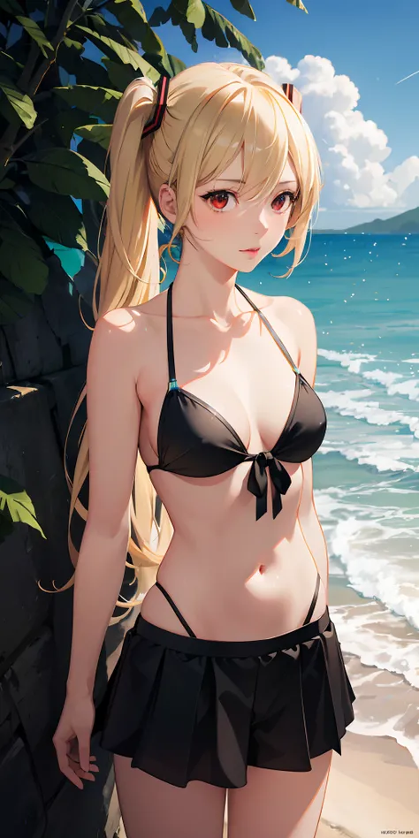 Absurdres masterpiece HDR high quality picture of realistic, 1girl, blonde hair, red eyes, hatsune miku, bikini, beach, light particles, light rays, wallpaper,