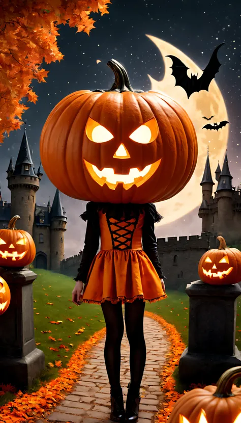 Halloween,(A girl in a pumpkin-shaped costume),Trick or treat without sugar,ssmile,Elegant Victorian style, retro-futuristic, Clothing ideas,Vibrant colors, Surreal, Layers of autumn leaves, glittering stars,Enchanting moonshine,(Dimly lit castle),A lonely...