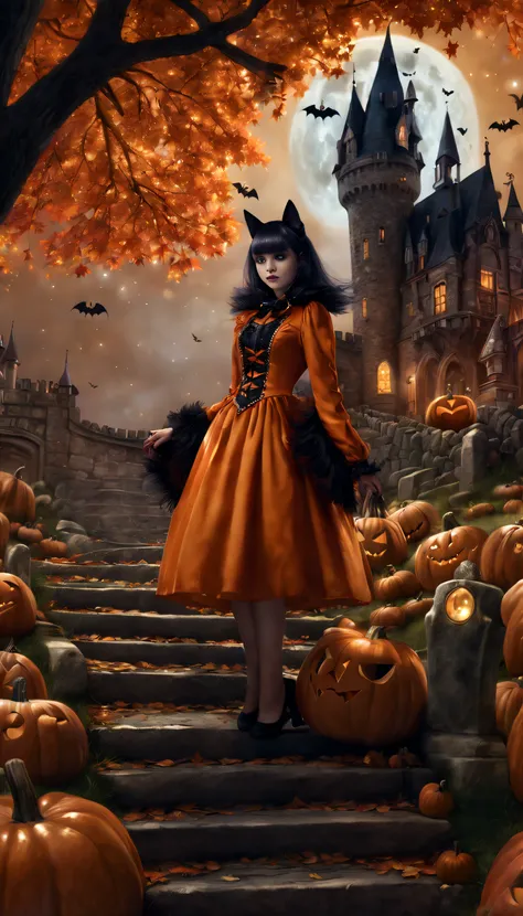 Halloween,(A girl in a pumpkin-shaped costume),Trick or treat without sugar,ssmile,Elegant Victorian style, retro-futuristic, Clothing ideas,Vibrant colors, Surreal, Layers of autumn leaves, glittering stars,Enchanting moonshine,(Dimly lit castle),A lonely...