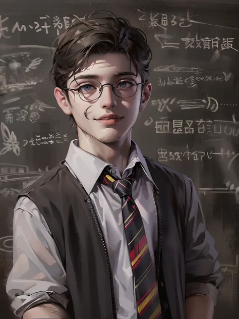 Harry potter theme showing a Young male teacher, Dress neatly, Professional clothing, Well organized impression, youthfulenergy, Smooth skin, Bright eyes, Gentle and confident expression, Straight waist, Tall and confident, An air of tenacity and determina...