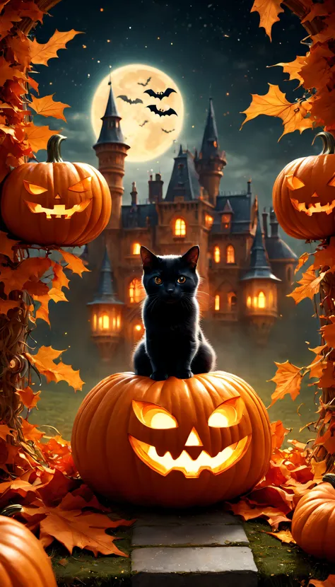 Halloween,(A girl in a pumpkin-shaped costume),Trick or treat without sugar,ssmile,Elegant Victorian style, retro-futuristic, Clothing ideas,Vibrant colors, Surreal, Layers of autumn leaves, glittering stars,Enchanting moonshine,(Dimly lit castle),A lonely...