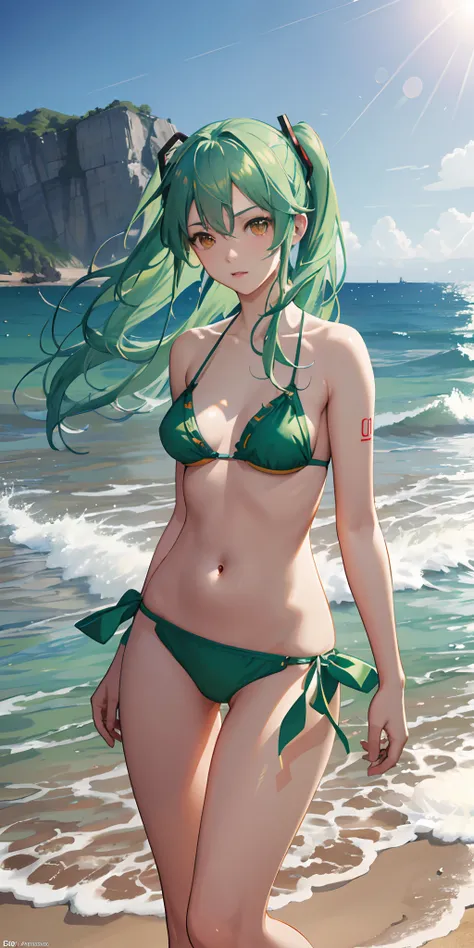 Absurdres masterpiece HDR high quality picture of realistic, 1girl, like green hair, orange eyes, hatsune miku, bikini, beach, light particles, light rays, wallpaper,