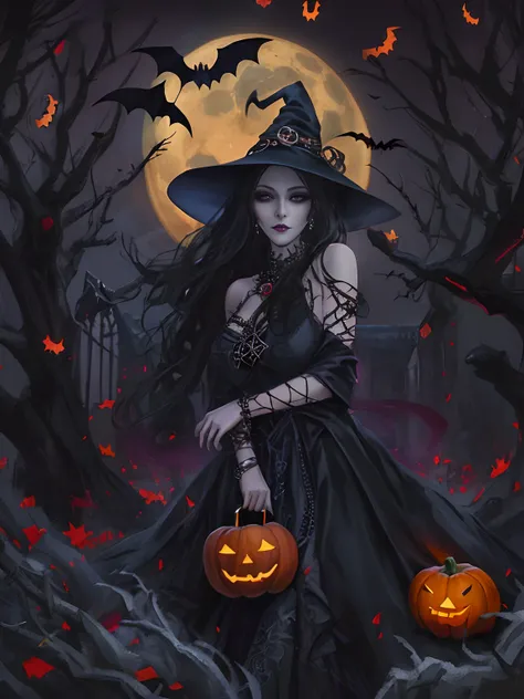 halloween night，Big breasts and big breasts ，Red Moon，the bats，Strange branches，A woman in a black dress stands in front of the castle，Holding a pumpkin in his hand, lovely dark autumn princess, Dark Gothic Girl, beautiful vampire queen, Gothic girl, gothi...