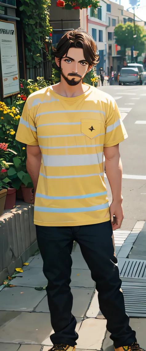 1man, (mexican), (very masculine), 27 years old, brown hair, ((yellow and white stripes t-shirt)), short beard, ((heterochromia)), 1 yellow eye, 1 green eye, (((doomentio, doomposting))), materpiece, best quality, on the street, standing, full body