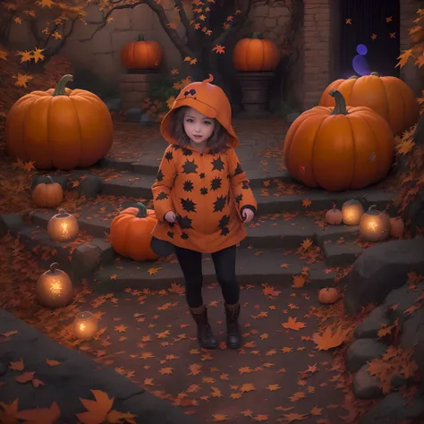 A girl in a pumpkin-shaped costume,ssmile,Clothing ideas,Vibrant colors, Surreal, (Autumn leaves), glittering stars,(Enchanting Moon),(A path leading to the Kasbah),dark palette,Subtle orange and red,grave stones,mystical aura,(Remote location),(the bats:1...