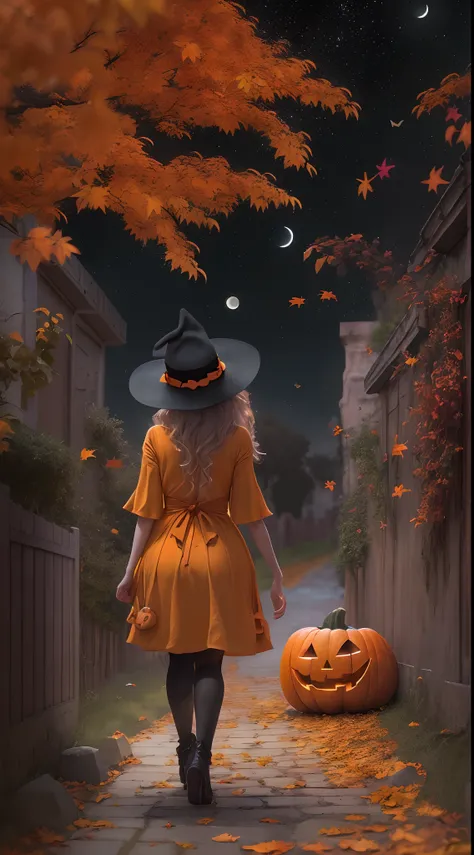 The best-selling Halloween theme,Clothing ideas,Pumpkin-shaped costume,one-girl,ssmile,Vibrant colors, Surreal, (Autumn leaves), glittering stars,(Enchanting Moon),(A path leading to the Kasbah),dark palette,Subtle orange and red,grave stones,mystical aura...