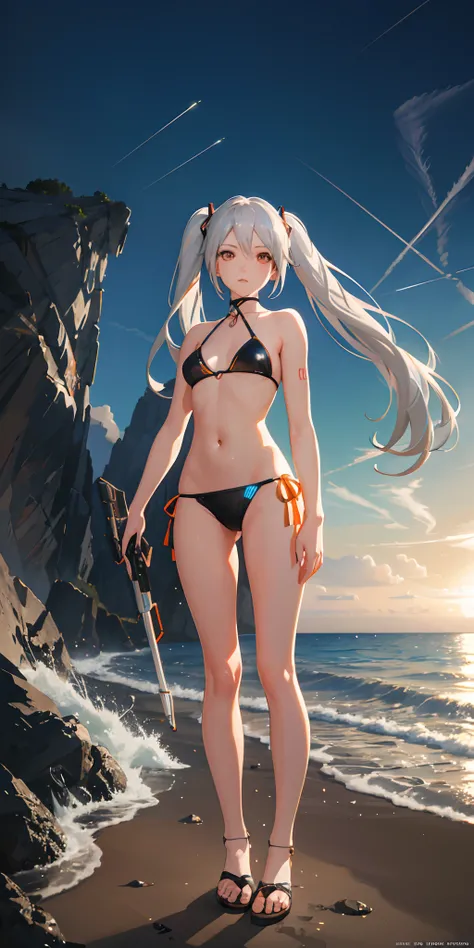 Absurdres masterpiece HDR high quality picture of realistic, 1girl, silver hair, orange eyes, hatsune miku, bikini, beach, light particles, light rays, wallpaper,