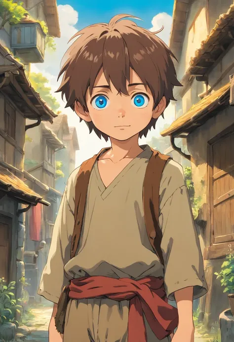 seven year old boy in ratty peasant clothes, dirty looking but with the brightest blue eyes