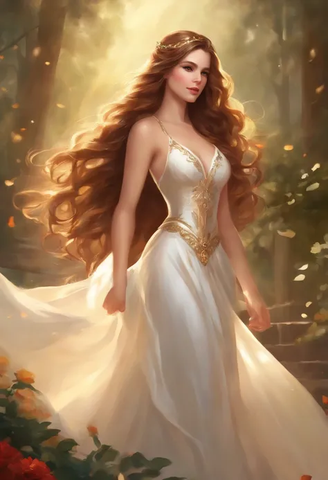 masterpiece, best quality, 1girl, solo, ((mature female)), round pupils, long hair, hair, princess, white gold dress, fantasy, happy, looking at viewer, cartoon, anime, brown hair, (oil painting)