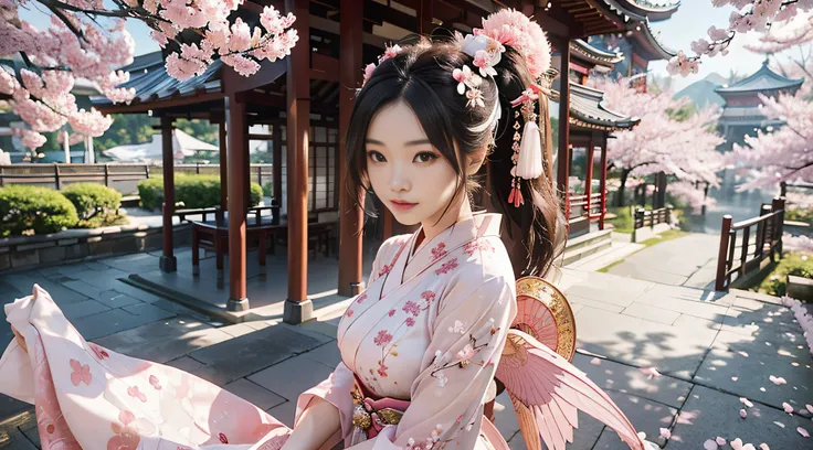 Kimono, Japanese Girl ,perfect breasts ,sexy ,Sexy ,top-quality, Realistic faces, 4k,Palace backdrop, Falling cherry blossoms ,See-through dress ,Beautiful faces ,Pretty Wings, long-haired, pink, ornament ,white kimono, White and pink dress,sexy outfit, Pe...