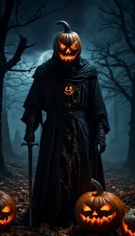 (best quality,4k,8k,highres,masterpiece:1.2),ultra-detailed,(realistic,photorealistic,photo-realistic)
a terrifying pumpkin-headed spirit knight,holding a menacing sword,cloaked in a dark and tattered robe,with glowing red eyes and an intimidating presence...