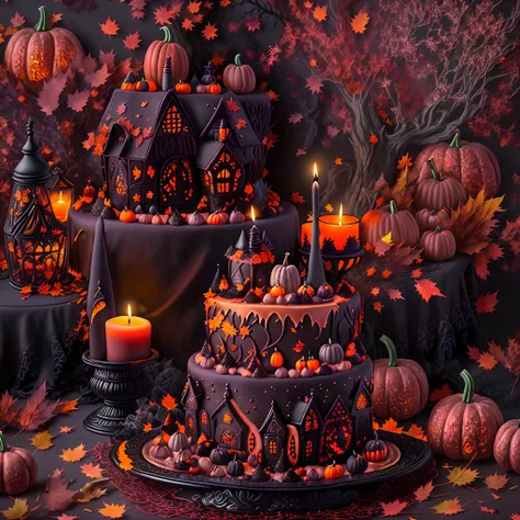 (The best-selling Halloween themed cake), (Beautifully decorated), (Looks delicious),(Detailed icing), (a lit candle), (Spooky and seductive), (Autumn leaves), (Warm and comfortable atmosphere), (Haunted house decoration), (Chocolate ganache), (Spooky gumm...