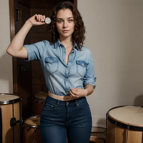 1woman, 30 years of age, thin, curvy,curly brown hair, blue eyes, denim shirt, black pants, holding a coin. 1man, 30 years of age, short brown hair, silver eyes, white shirt, blue jeans, stubble facial hair, holding drum sticks.