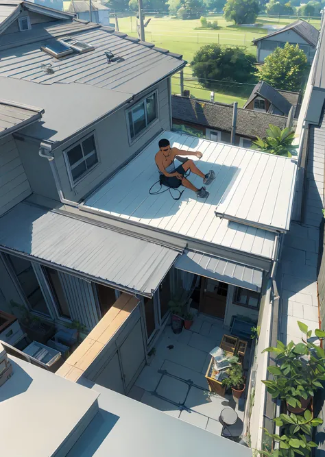 Guy on the roof of a house with a lawnmower and reading a newspaper, wearing a tank top and boxer briefs.