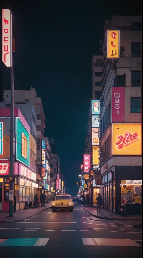 Night scene of a city street with a car and a bus, art deco outrun anime aesthestic, Elogio Artstyle, lo-fi retro videogame, Arte Lofi, 8 0 s vibe anime, Cyberpunk Pixel Art, Arte Lo-fi, 9 0 s anime aesthetic, lo-fi illustration style, anime aesthetic, cor...