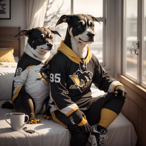 Hyper realistic Pittsburgh penguins mascot looking sad sitting on his bed with a cup in his hand and wearing a Pittsburgh penguins jersey with the window outside is rainy with the mascot wearing yellow and black jordans