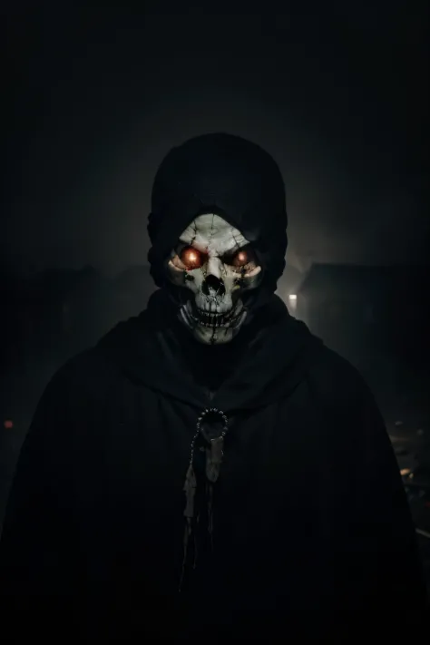 (best quality,realistic),man wearing skull mask with A blood-stained shroud Ghost,dark and eerie atmosphere,unearthly glow,hauntingly beautiful,macabre details,ominous presence,ominous lighting,sharp focus,dramatic shadows,mysterious fog,misty backdrop,cre...