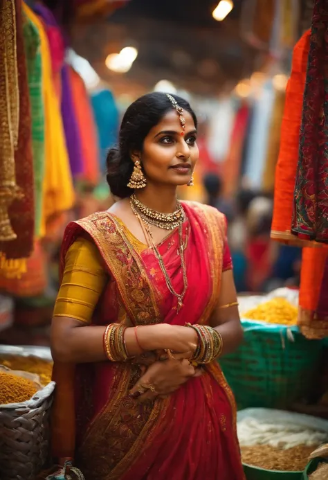 An Indian woman standing in a bustling market, her eyes scanning the colorful stalls filled with vibrant fabrics, spices, and trinkets. She wears a pair of fitted jeans and a crop top that showcase her toned arms, accentuating her fair complexion. Her outf...