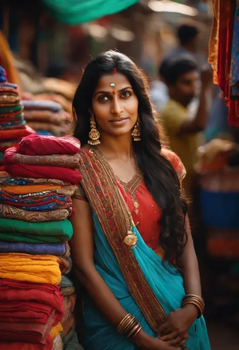 An Indian woman standing in a bustling market, her eyes scanning the colorful stalls filled with vibrant fabrics, spices, and trinkets. She wears a pair of fitted jeans and a crop top that showcase her toned arms, accentuating her fair complexion. Her outf...