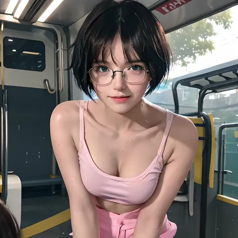 16 years old cute girl with black short bob hair and bangs, she is in eyeglasses, transparent white camisole, wet, sweating, no bra, flat breast, tits, erect  nipples, erect tits, pink shorts, petite body, see-through, her skin bright, beautiful light blue...