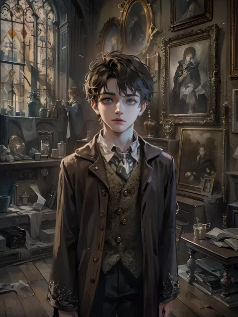 Absurdres masterpiece HDR high quality picture of a young handsome character from Harry potter portrait with a Tim Burton theme style