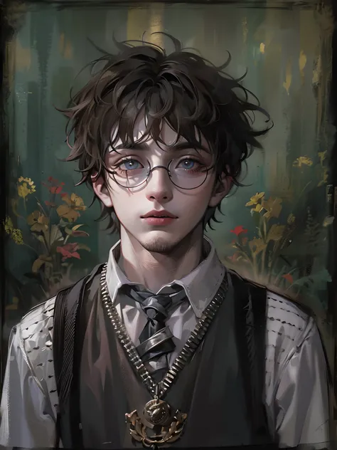 Absurdres masterpiece HDR high quality picture of a young handsome character from Harry potter portrait with a Tim Burton theme style