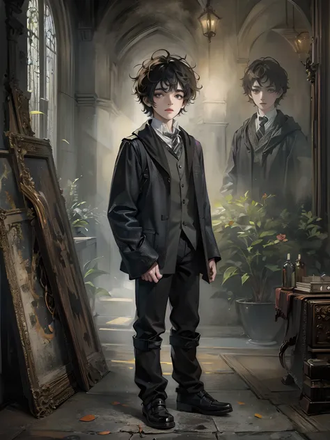 Absurdres masterpiece HDR high quality picture of a young handsome character from Harry potter portrait with a Tim Burton theme style