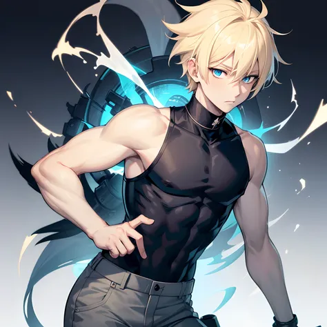 anime boy with light blonde hair in a wolf cut with blue eyes pale skin and a black sleeveless turtleneck with gray cargo pants.