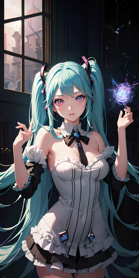 Absurdres masterpiece HDR high quality picture of realistic, 1girl, cyan hair, pink eyes, hatsune miku, Disney style evil queen, dungeon, light particles, light rays from window, wallpaper,