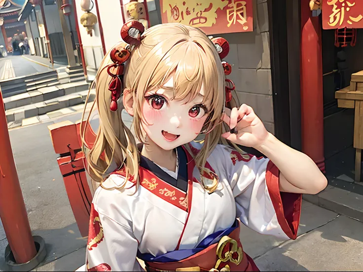 masutepiece, Highest Quality, SFW, Colorful, 1girl in, Solo,(((Petite girl with blonde twin tails))),(((Precincts of the shrine))),(((Colorful and brilliant furisode))),(((Asakusa Shopping Street))),(((red blush))),(((open open mouth))),(((Hakama))),(((tab...