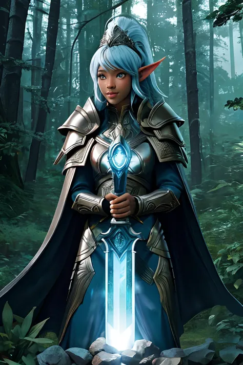 An African American Elven woman stands firm in heavy plate armor, her great sword in her right hand, cloth cape draped down,  her left hand emits a blue orb of light, not illuminated in the dark forest, campfires light in the distance, her hair is a silver...