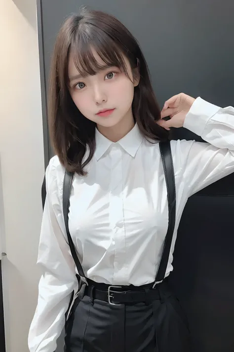 ​masterpiece、flat-colors、depth of fields、lens flare 1 girl、、Brown hair、watching at viewers　　　　a belt　black suspenders　Social OL　　　ample bosom　　　 　 Armpit sweat　perspiring　Side of both hands　　walls: Black Suit　Black pants, Black jacket