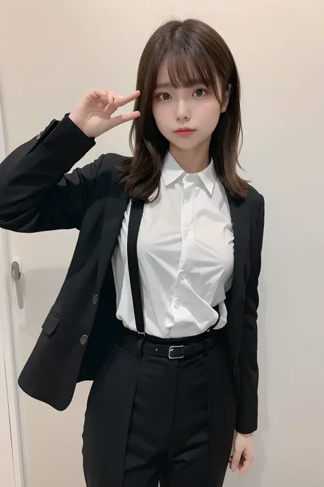 ​masterpiece、flat-colors、depth of fields、lens flare 1 girl、、Brown hair、watching at viewers　　　　a belt　black suspenders　Social OL　　　ample bosom　　　 　 Armpit sweat　perspiring　Side of both hands　　walls: Black Suit　Black pants, Black jacket