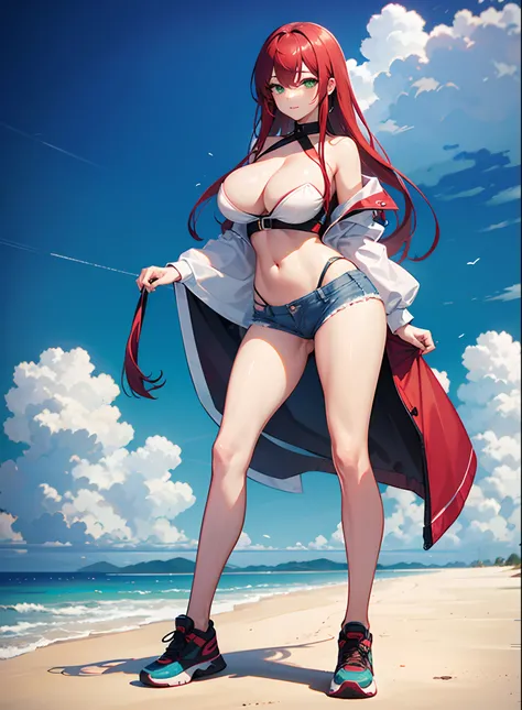 Beautiful anime woman, solo, anatomically correct, red hair, straight hair, long hair, beautiful green eyes, lustful expression, seductive expression, confident expression, cheerful expression, huge breasts, immense breasts, immensely large breasts, small ...