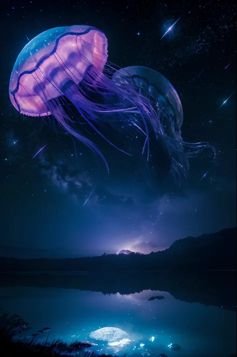 high-level image quality, fantasy photograph, (Giant jellyfish), Astronomical beauty, Shining moonlight, Lots of galaxies and asteroid lights in the background