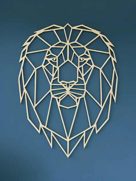 a close up of a lion head made of paper on a blue wall, polygon art, polygonal art, lion head, geometric wood carvings, laser cut, geometric art, half lion, low poly art, vector art for cnc plasma, low-poly digital art, 2 d full body lion, wood art, lion, ...