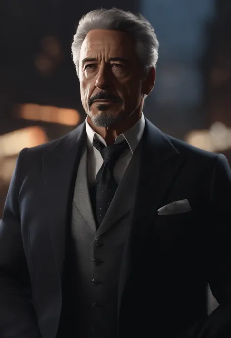 Marvel, Old man Tony Stark, realistically, dynamic lights, old, gray stubble, full shoot, (extremely detailed CG unity 8k wallpaper), trending on ArtStation, trending on CGSociety, High Detail, Sharp focus, dramatic, photorealistic