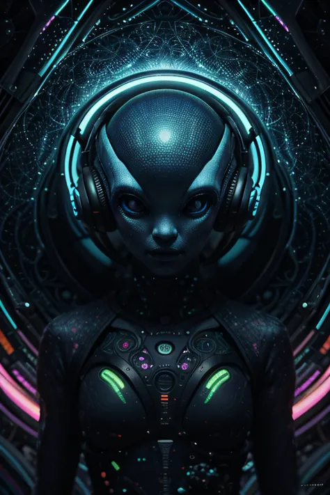 Papel de parede Alien Psy Trance com fones de ouvido, Stimulus to Art, cores vibrantes, Detailed alien creature, Swirling psychedelic patterns, neon lights, atmosfera estranha, Estilo de Arte Digital, 8K resolution