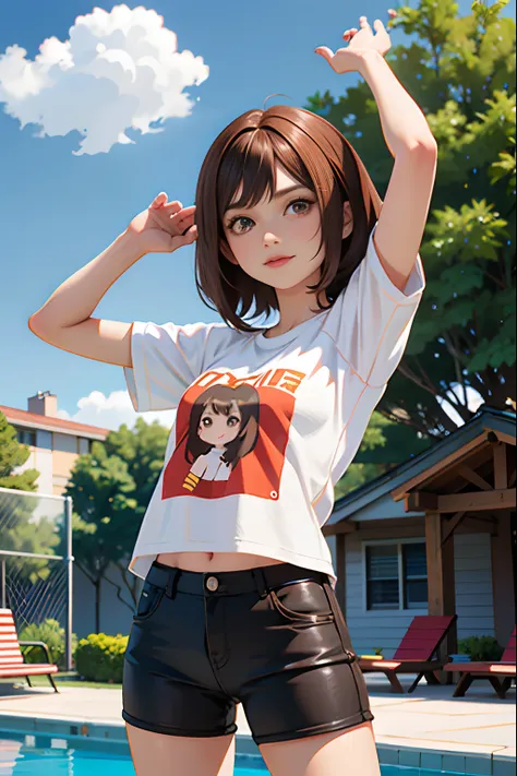 ,La mejor calidad ,pelo largo  , Caucasian anime girl max caulfield ,ojos grandes , , brown hair , feliz , , piel suave, , ojos expresivos , , , Camiseta roja de manga larga, short pants , pool