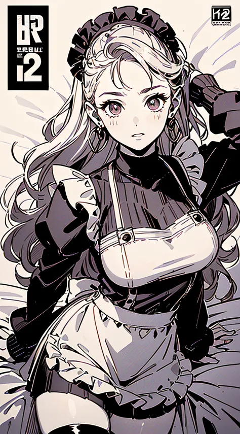 ((((((maid apron, puffy long sleeves, frilld, bangs,  on the bed,))))))((((,Blush:1.2,Loose cuffs,))))(((((((Monochrome world, Use only black shades, White, and burgundy, Grim, geomerty:1.2, )))))))，((1girl,mature,Amazing,Sharp focus,seductive lady，Solo，Fr...