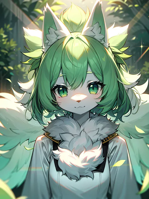 furry, white fur, ultra cute face, green elements on fur, beautiful lights and shadows, ambient light, ultra detailed fur, volumetric light