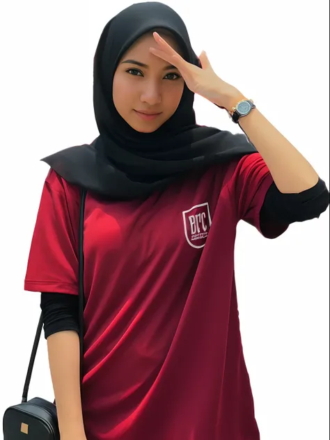 woman wearing a red shirt and black scarf holding a black purse, hijab, maroon red, jk uniform, student, maroon and white, in tshirt, malaysian, inspired by Naza, mekka, beautiful female, black and red only, maroon, muslim, handsome girl, mid shot portrait...