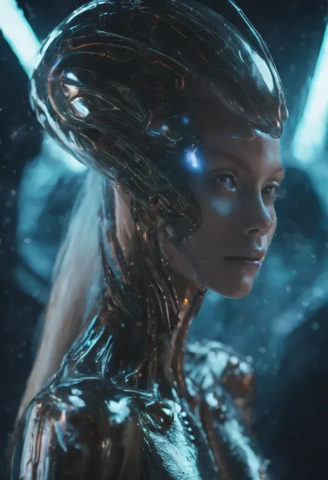 fantchar, a translucent ethereal  beautiful female alien in heat with delicate features in a seductive stance,wet,slimyreflective skine,sci-fi setting, glowing from within, sparks and lights, moonlight, moon, close-up, realistic, highly detailed, intricate...