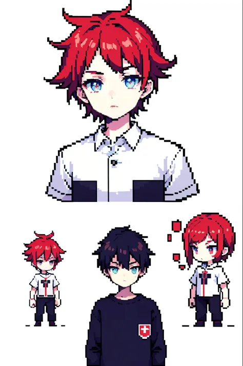 （tmasterpiece，top Quority，best qualtiy，The atmosphere is oppressive，with a pure white background），pix，pixelart，1boys，short detailed hair，dark red colored hair，The shirt，Blackn clothes，Frontal view，byself，