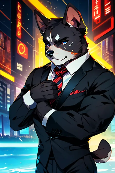 (Man in black suit and tie)comic strip、Anthropomorphic French Bulldog Dog、cyberpunked