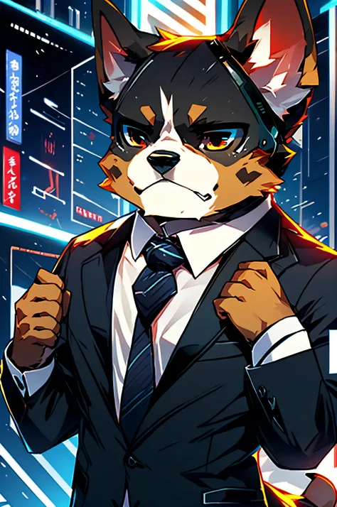 (Man in black suit and tie)comic strip、Anthropomorphic French Bulldog Dog、cyberpunked