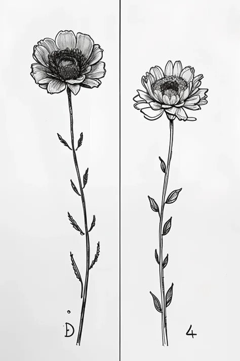 a drawing of a two desert flowers with one stem and leaves, drawn with a single line, Line - Art, a - black line drawing, One very stylized Line Drawing, depicting a flower, line drawing, poorly drawn, simple line art, simple drawing , blooming, thin line ...