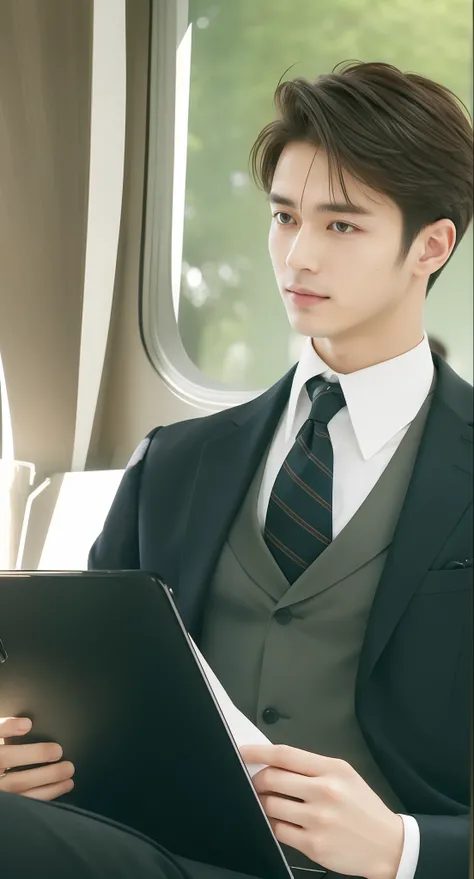 20-year-old refreshingly handsome new employee、　（Super cool S-class guy in a suit）、　Japan boys at 20 years old、　businessman、　Ultra-luxury suits、　Striped suit、　s Office、　Stand in a suitＳYoung handsome man、　Full body photo、　（Highly detailed photos of CG Unit...